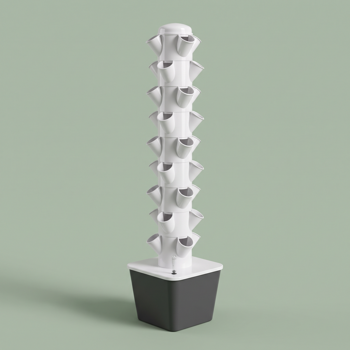 Mosswell vertical garden tower, white stacked planting tiers on a dark grey square reservoir