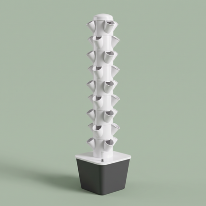 Mosswell vertical garden tower, white stacked planting tiers on a dark grey square reservoir