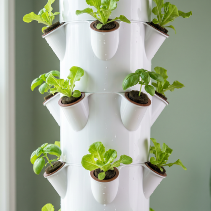 Close-up of the planting pockets with lettuce and basil seedlings and visible roots
