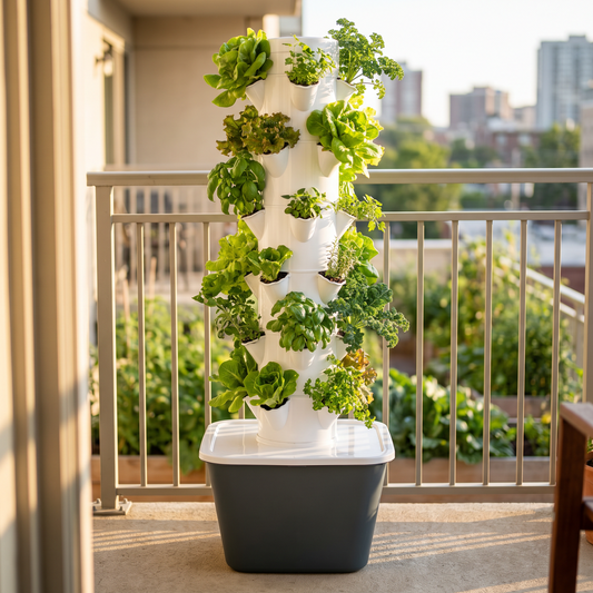 The garden tower planted with lettuce, kale and herbs on a sunlit apartment balcony