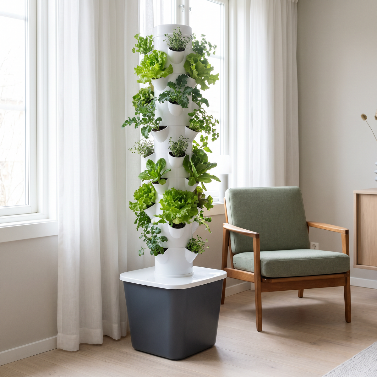 The planted tower beside an armchair by a window, showing its real size in a room